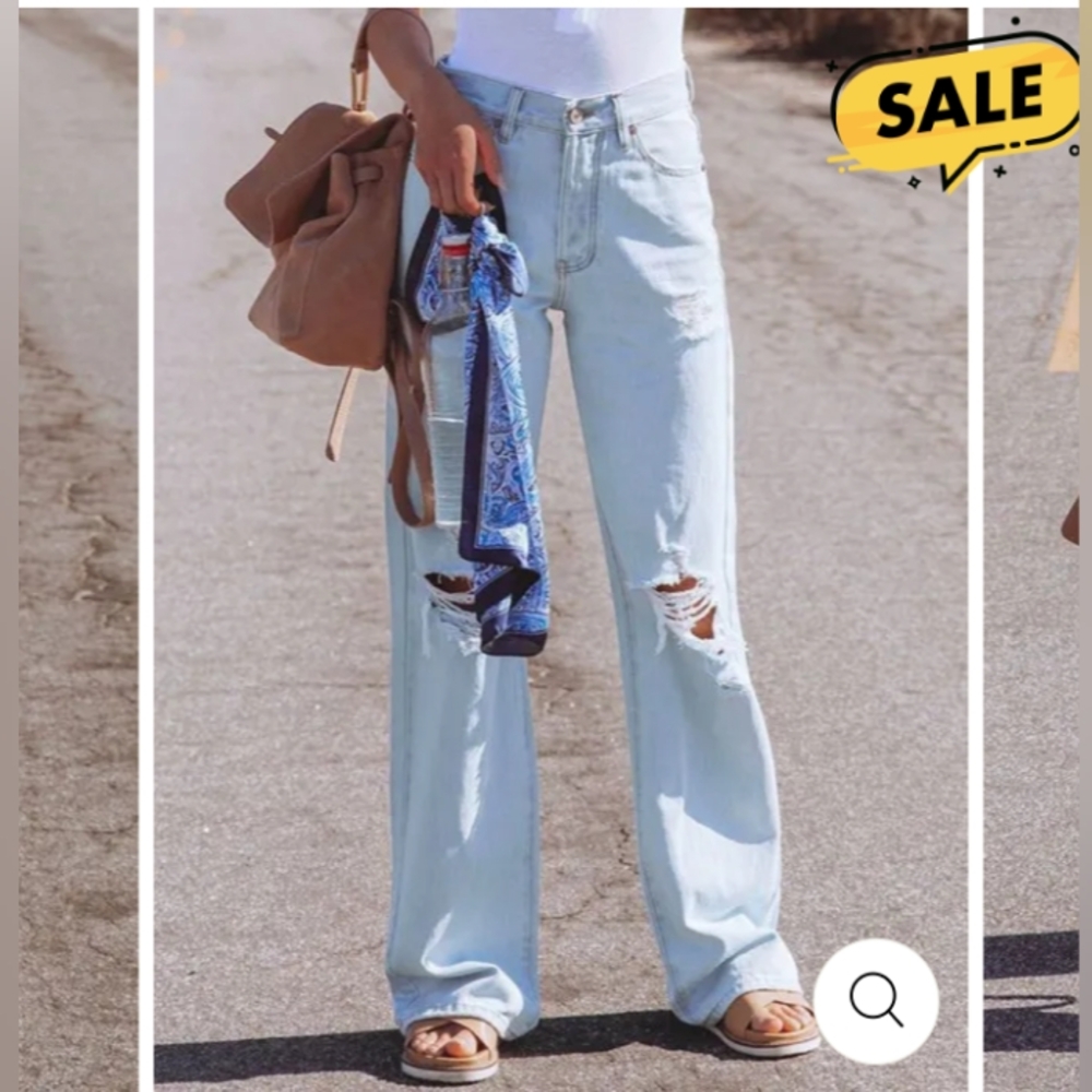 Midiross High Waisted,Wide Leg Distressed Denim Pants, Size XL